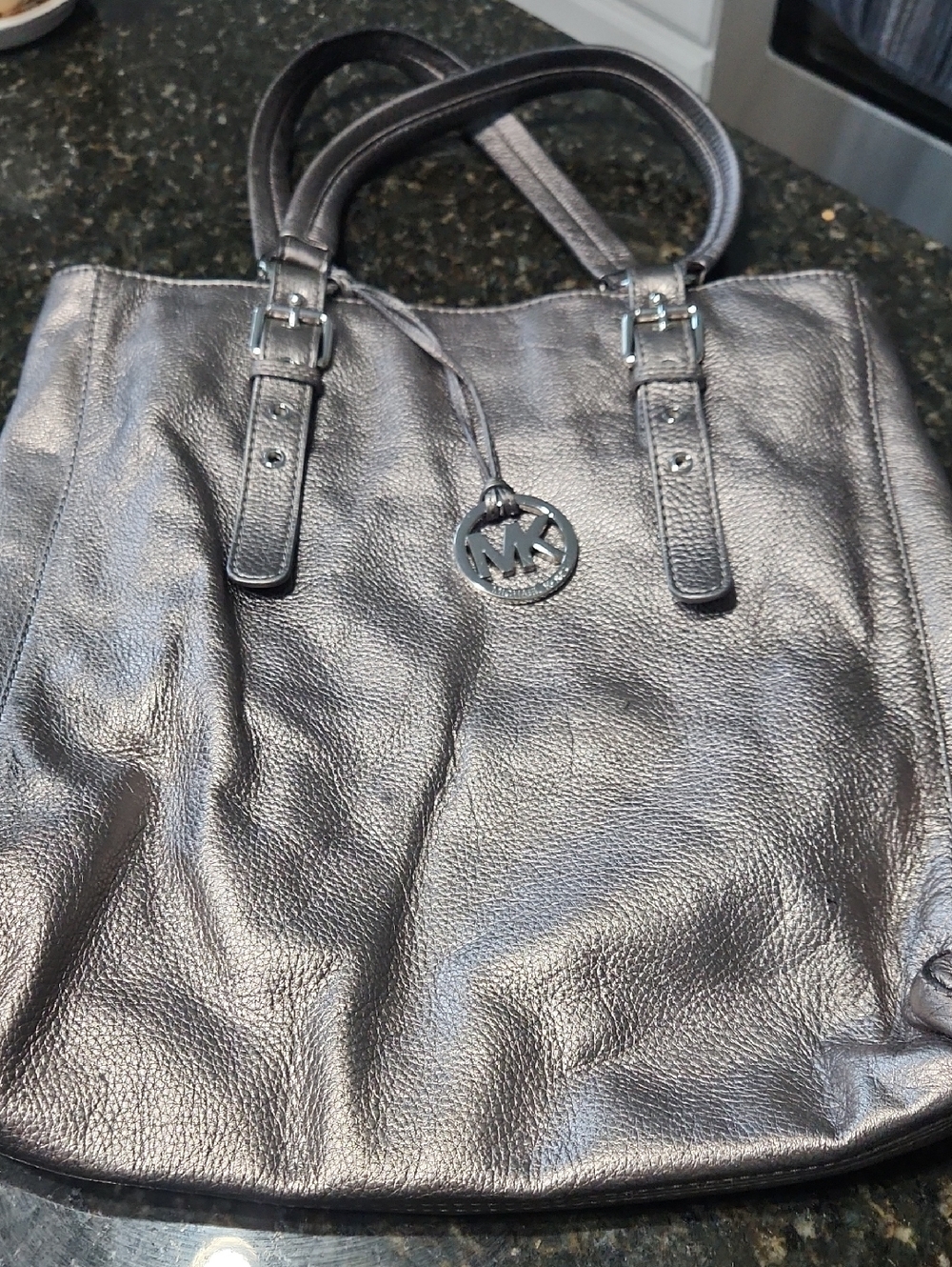 Michael Kors Metallic Gunmetal Leather Tote with MK Charm